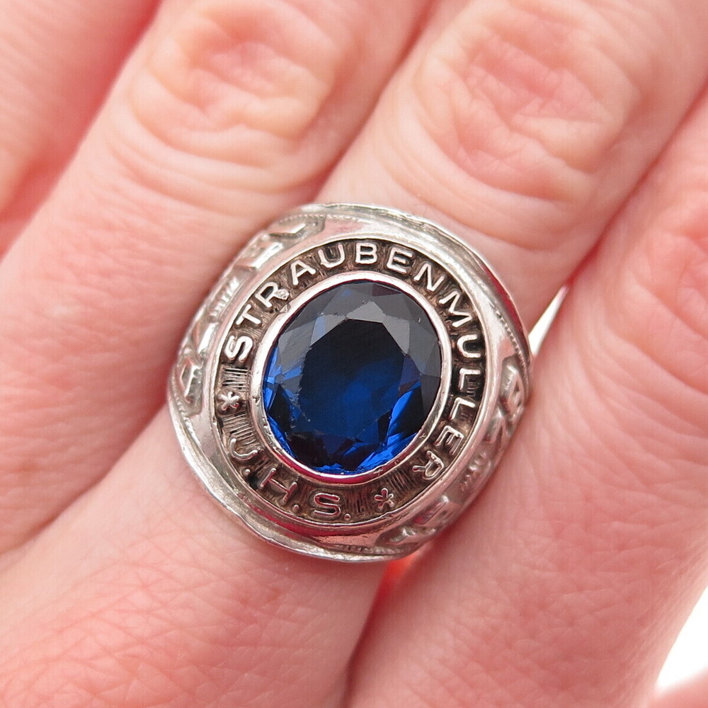 Reed&Co Sterling Vintage 1979 Lab-Sapphire Straubenmuller School Ring Size 6.75